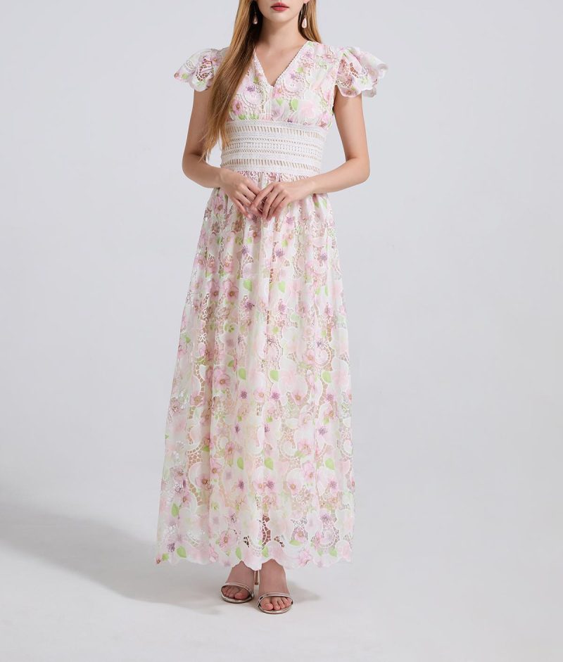 Floral Lace Applique Flutter Sleeve A-Line Dress