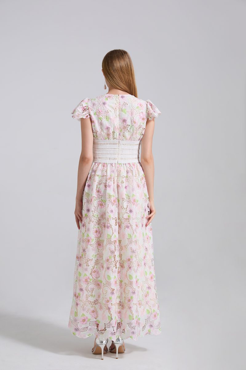 Floral Lace Applique Flutter Sleeve A-Line Dress - Image 2