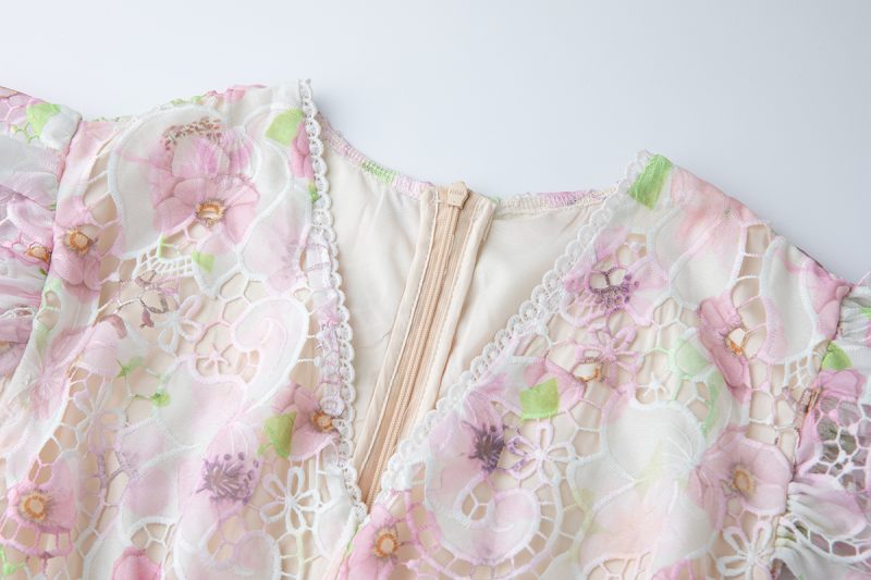 Floral Lace Applique Flutter Sleeve A-Line Dress - Image 3