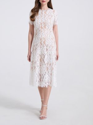 Elastic Lace Pearl Diamond Round Neck Dress