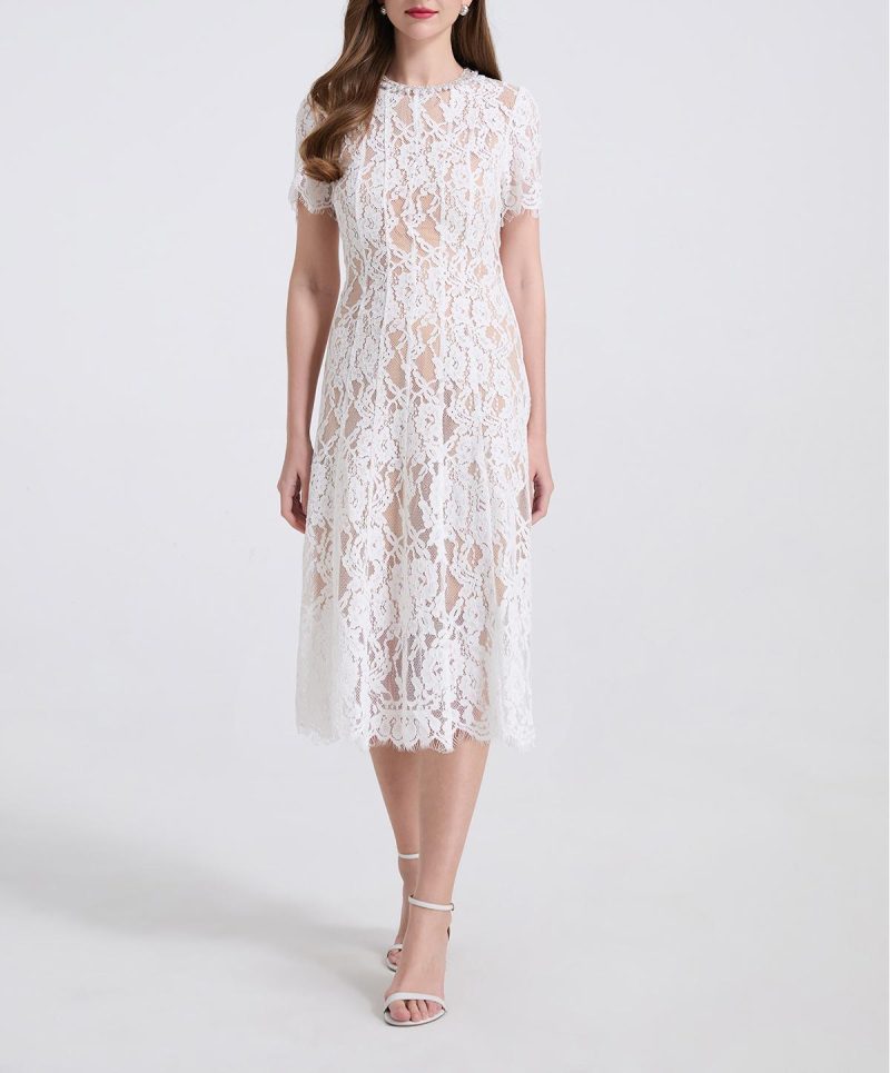 Elastic Lace Pearl Diamond Round Neck Dress