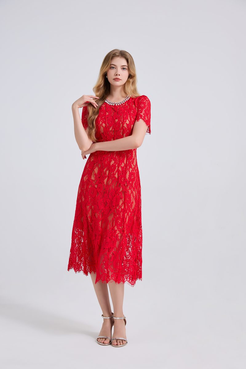 Elastic Lace Pearl Diamond Round Neck Dress - Image 2