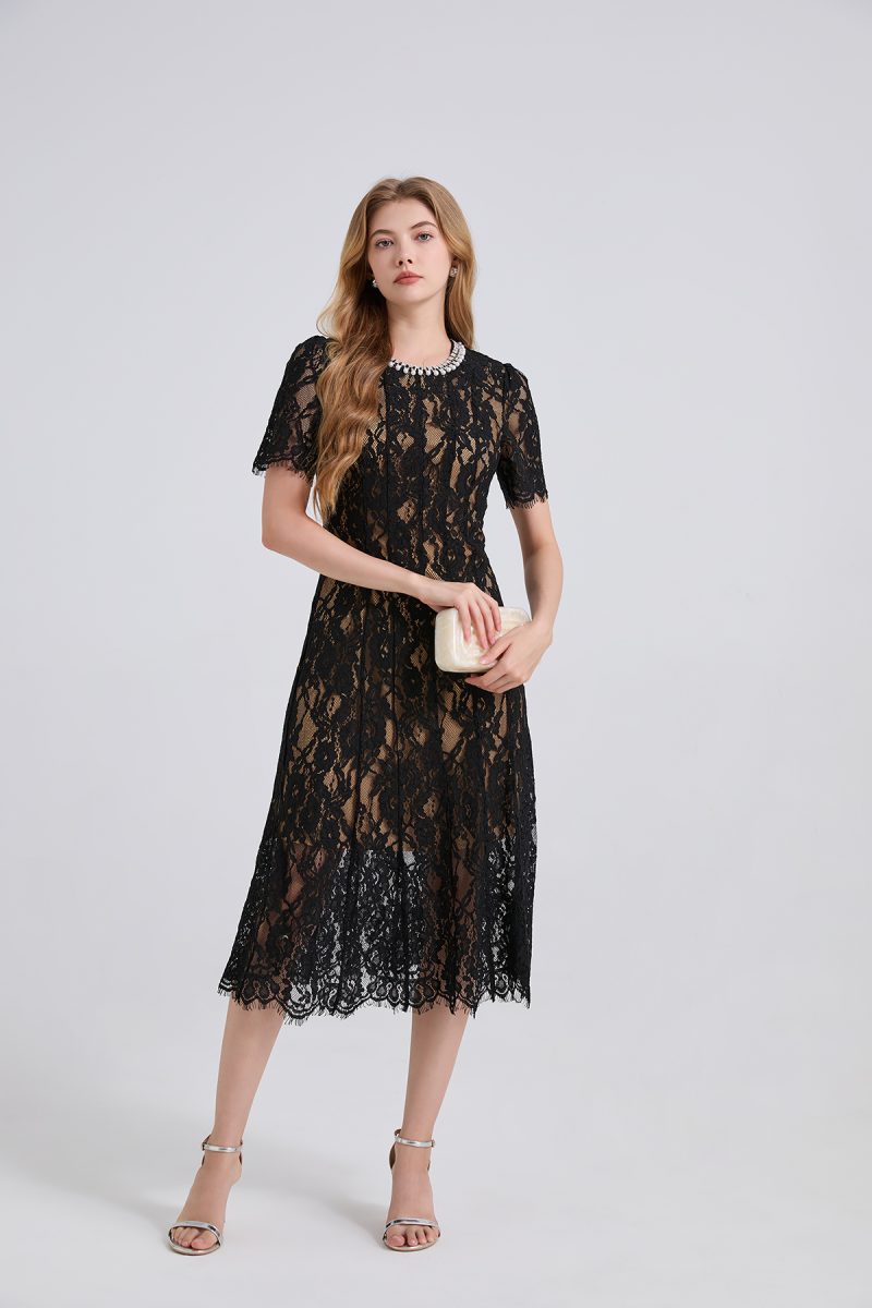 Elastic Lace Pearl Diamond Round Neck Dress - Image 3