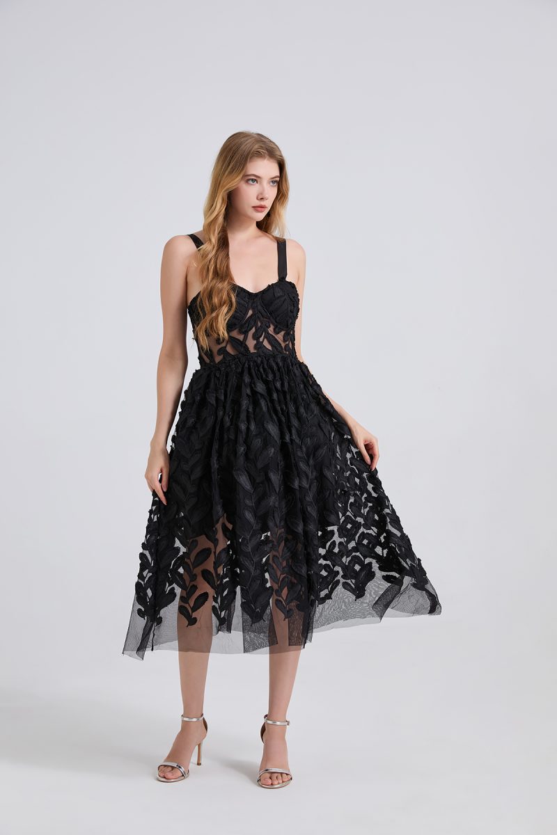 Embroidered Lace Chiffon Layered Halter Dress - Image 2