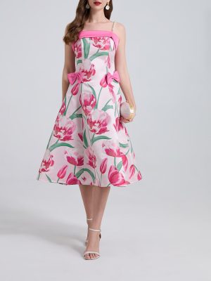 Luxury Jacquard Bow Pearl Strap A-Line Dress