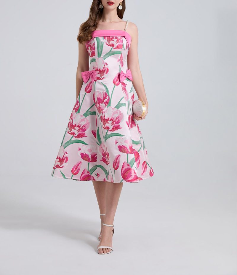 Luxury Jacquard Bow Pearl Strap A-Line Dress
