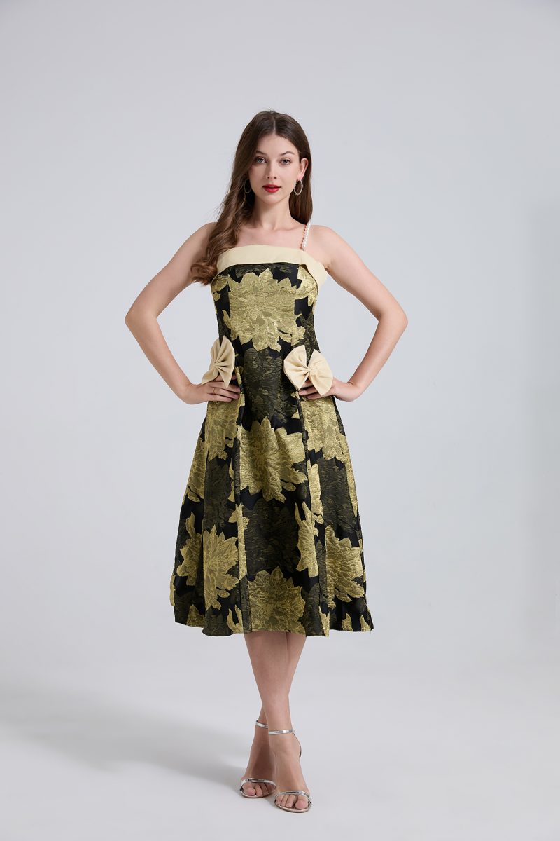 Luxury Jacquard Bow Pearl Strap A-Line Dress - Image 2