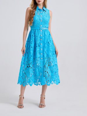 Summer Collared Sleeveless A-Line Dress with Waist Cinch
