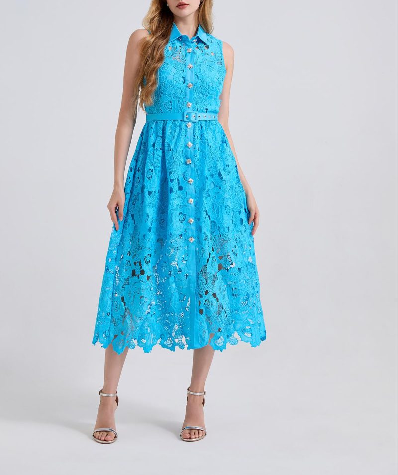Summer Collared Sleeveless A-Line Dress with Waist Cinch