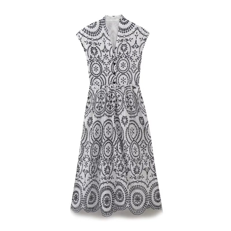 Summer Contrast Embroidered Sleeveless Belt Dress - Image 2