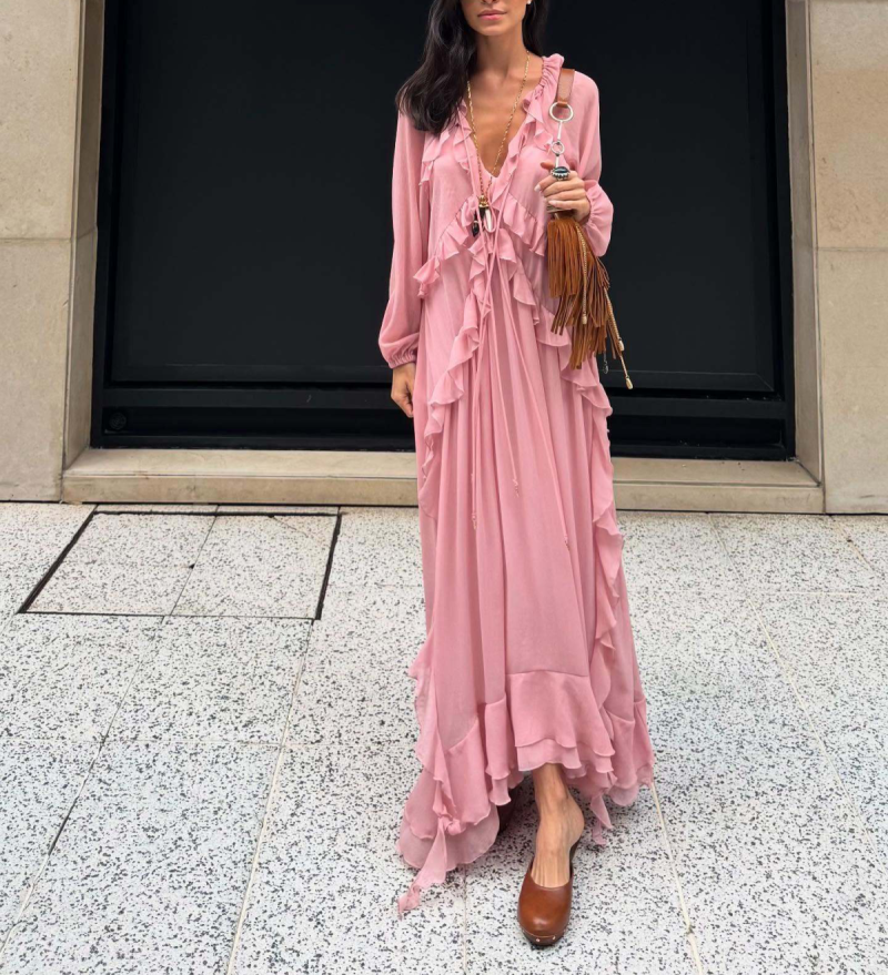 Ruffled Tie Waist Chiffon Layered Dress