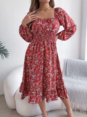 Elegant Autumn Floral Square Collar Ruffled A-Line Dress