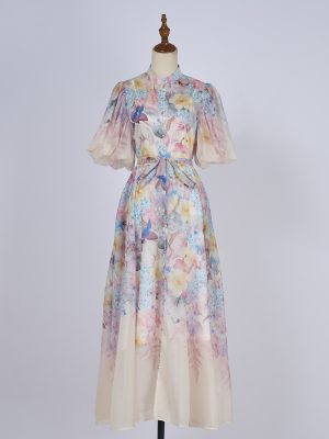 Elegant Printed Short Sleeve Long Dress