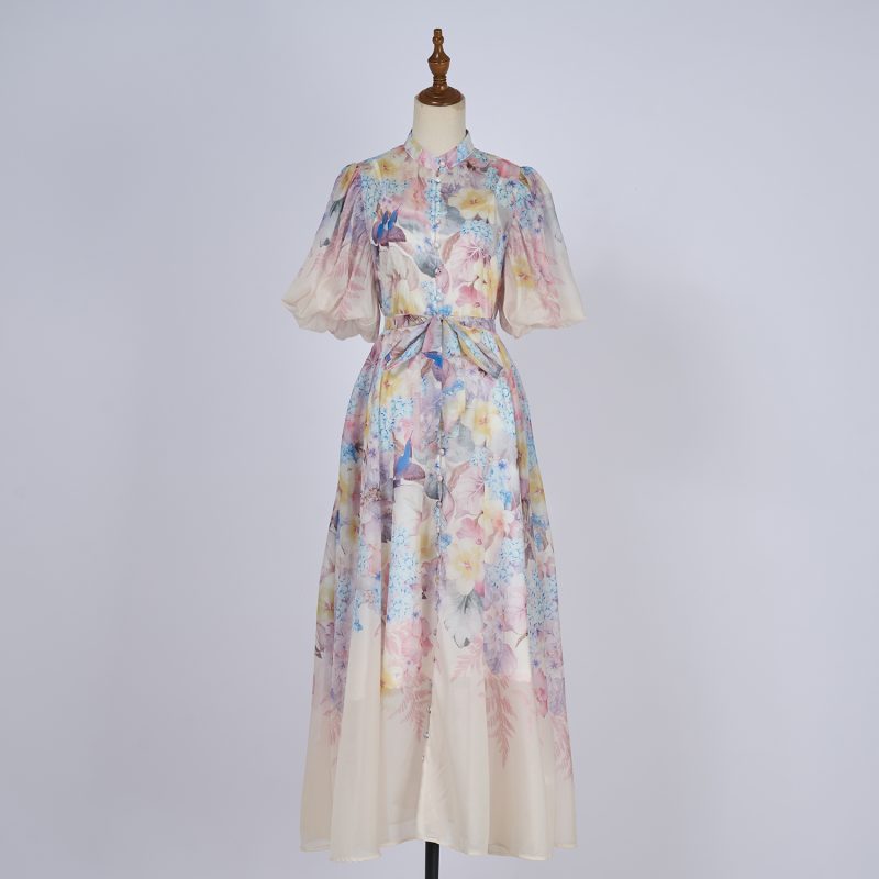 Elegant Printed Short Sleeve Long Dress