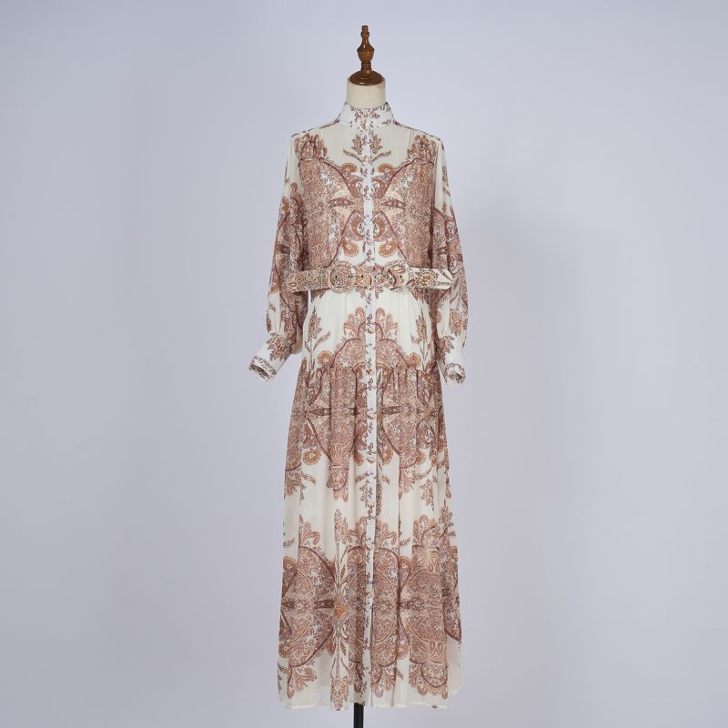 Elegant Printed V-Neck Belted Maxi Dress