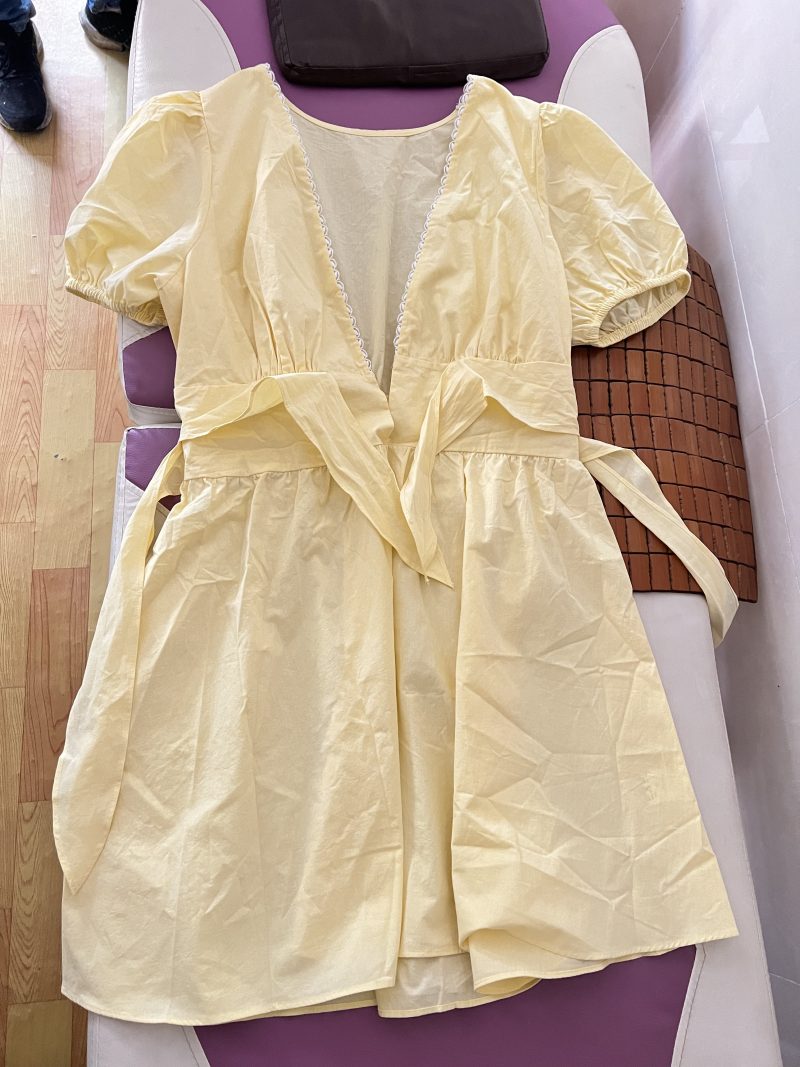Sweet Lace Puff Sleeve Deep V Lace-Up Dress - Image 4