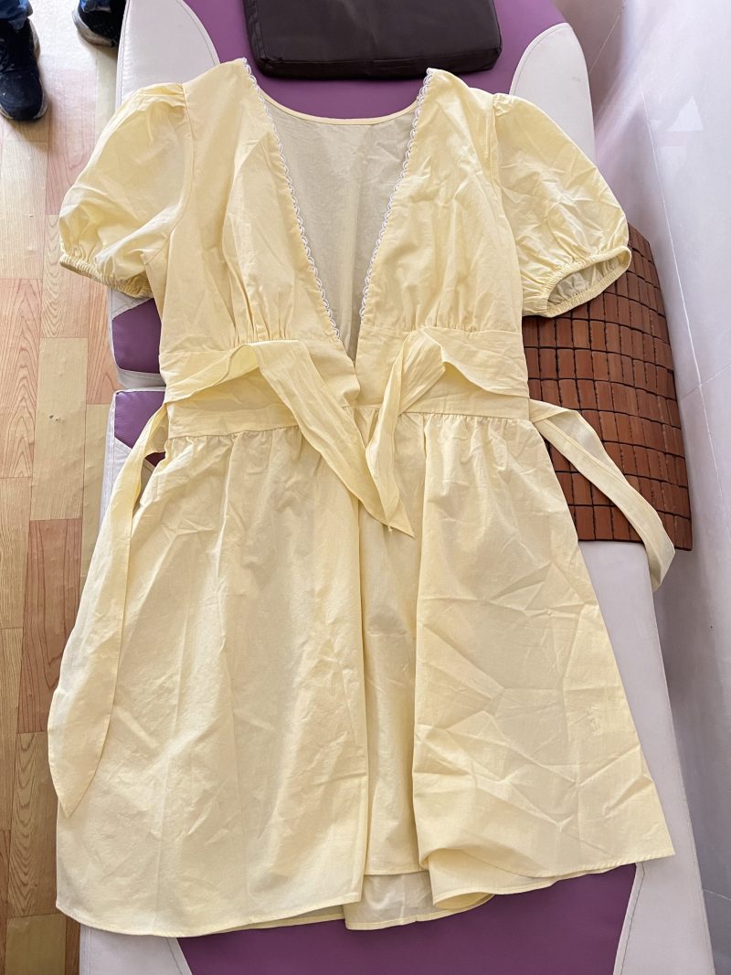 Sweet Lace Puff Sleeve Deep V Lace-Up Dress - Image 4
