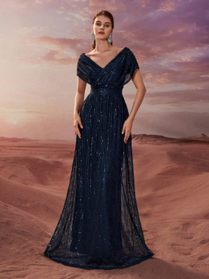 Sequined V-Neck Shawl Sleeve Party Dress