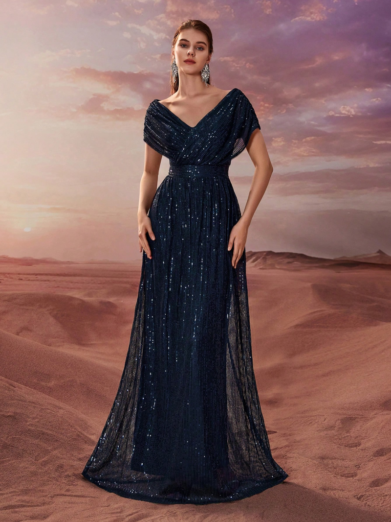 Sequined V-Neck Shawl Sleeve Party Dress