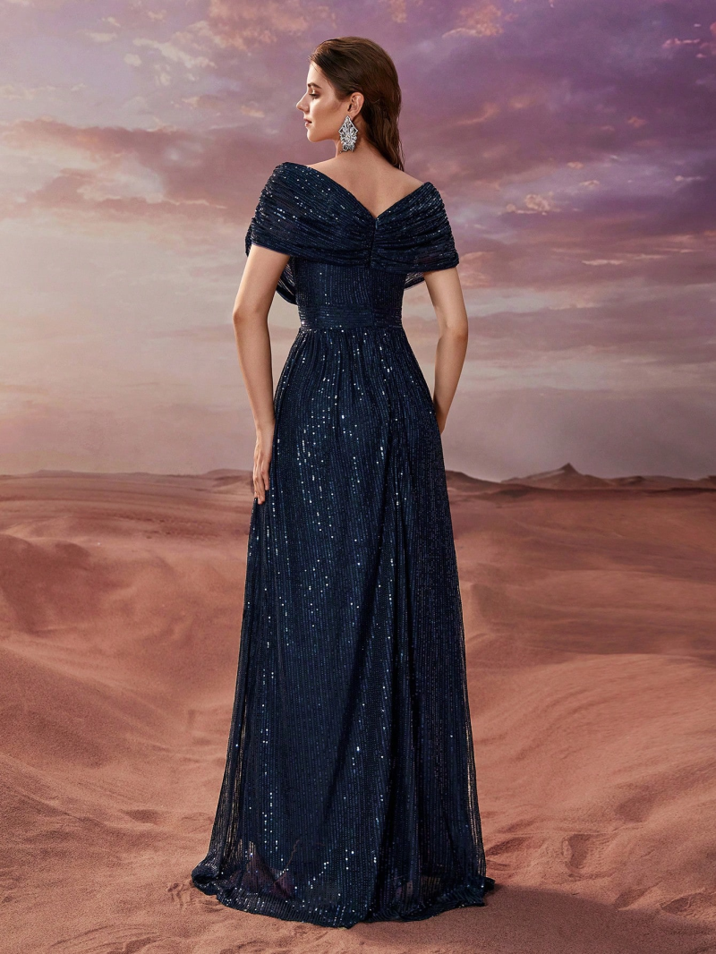 Sequined V-Neck Shawl Sleeve Party Dress - Image 2