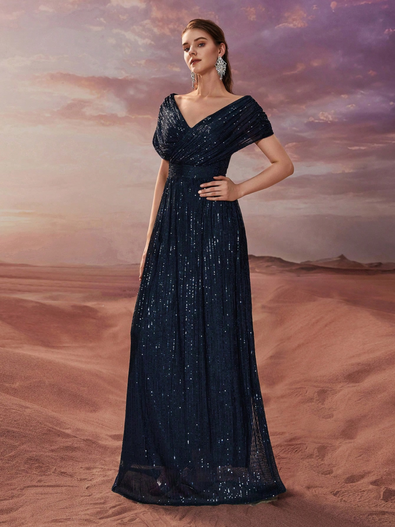 Sequined V-Neck Shawl Sleeve Party Dress - Image 3