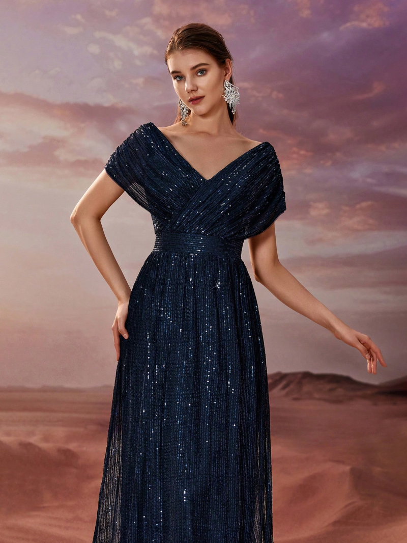Sequined V-Neck Shawl Sleeve Party Dress - Image 4