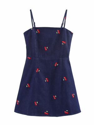 Slimming Washed Embroidered Denim Suspender Dress