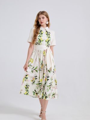 Leaf Print High Waist A-Line Dress