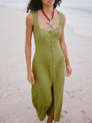 Summer Slim Fit Linen Midi Dress