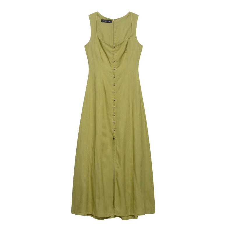 Summer Slim Fit Linen Midi Dress - Image 3