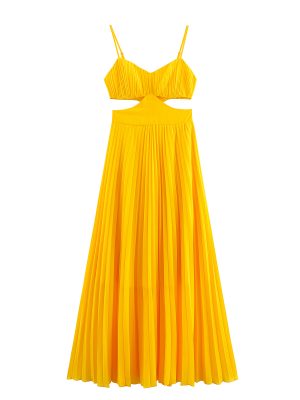 Yellow Pleated Swing Suspender Vacation Dress