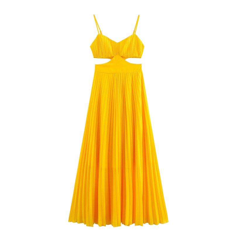 Yellow Pleated Swing Suspender Vacation Dress