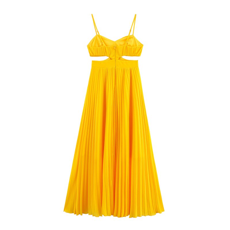 Yellow Pleated Swing Suspender Vacation Dress - Image 2