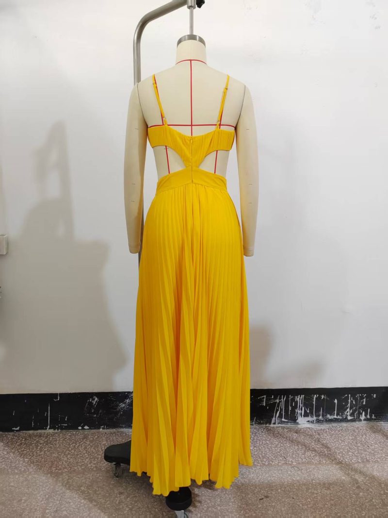 Yellow Pleated Swing Suspender Vacation Dress - Image 3
