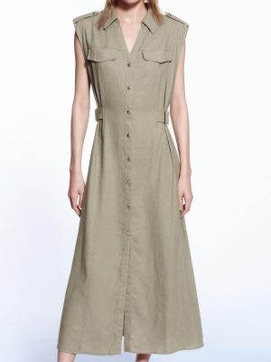 Linen V-Neck Sleeveless Midi Dress Women