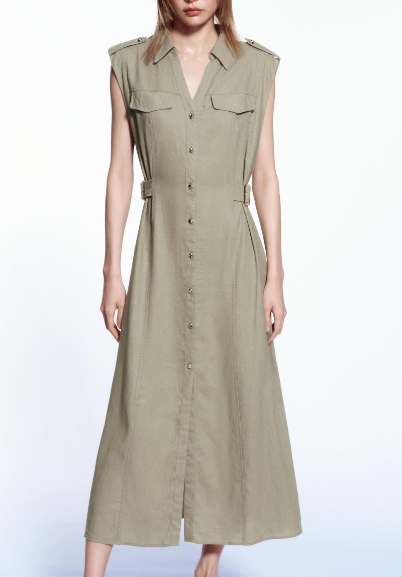 Linen V-Neck Sleeveless Midi Dress Women