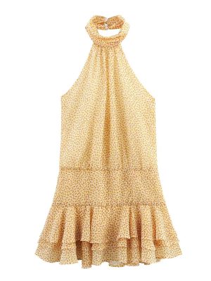 Printed Hanging Collar Laminated Summer Dress Women