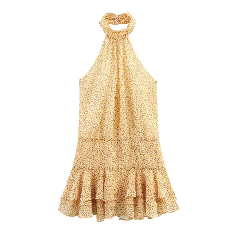 Printed Hanging Collar Laminated Summer Dress Women