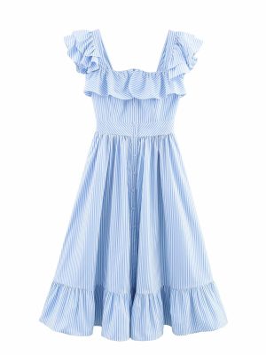 Striped Ruffled Waist Single-Breasted Autumn Dress