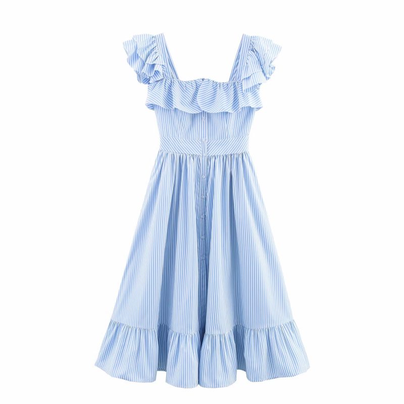 Striped Ruffled Waist Single-Breasted Autumn Dress