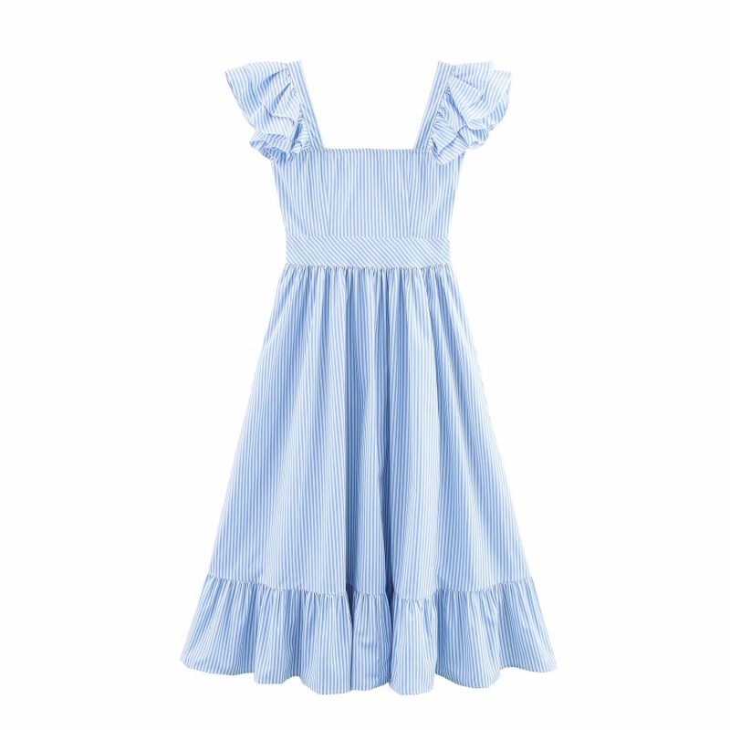 Striped Ruffled Waist Single-Breasted Autumn Dress - Image 2