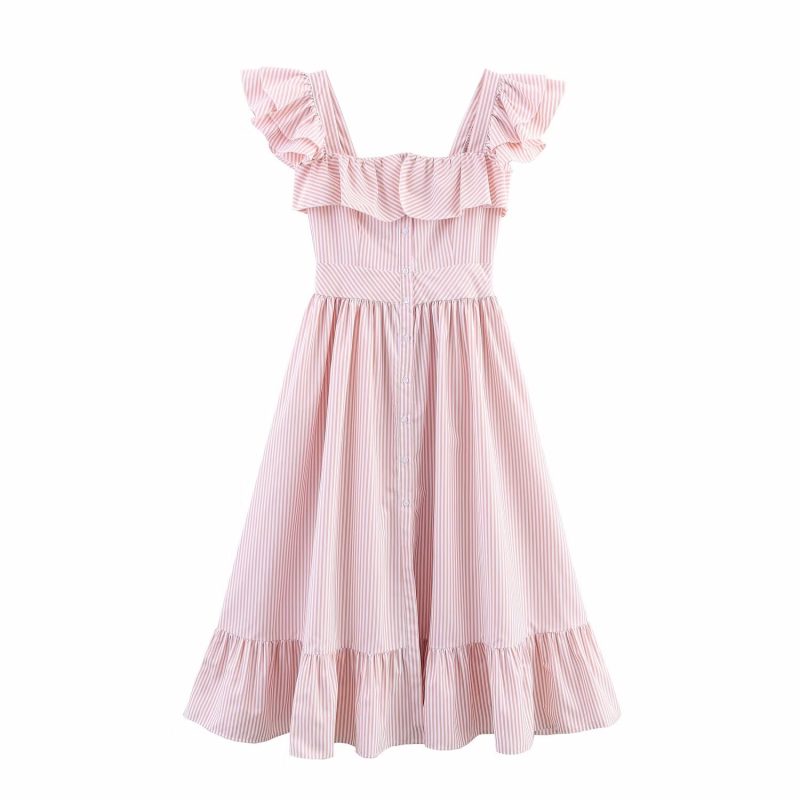 Striped Ruffled Waist Single-Breasted Autumn Dress - Image 3