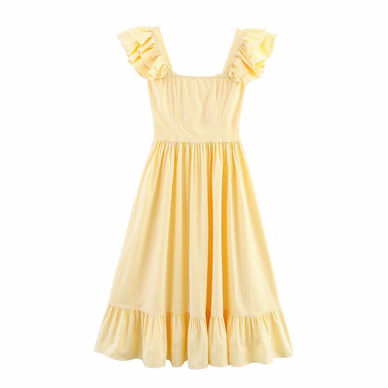 Striped Ruffled Waist Single-Breasted Autumn Dress - Image 4