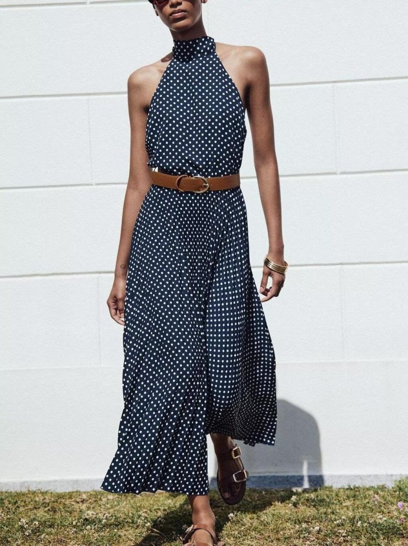 Elegant Hanging Collar Polka Dot Dress