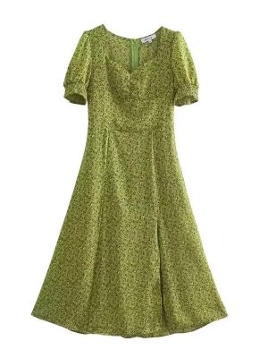 Chest Slit Printed Short Sleeve Summer Dress