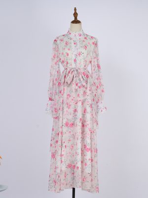 Spring Autumn Button Belt Print Dress Women