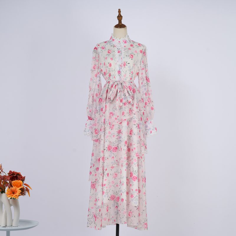 Spring Autumn Button Belt Print Dress Women