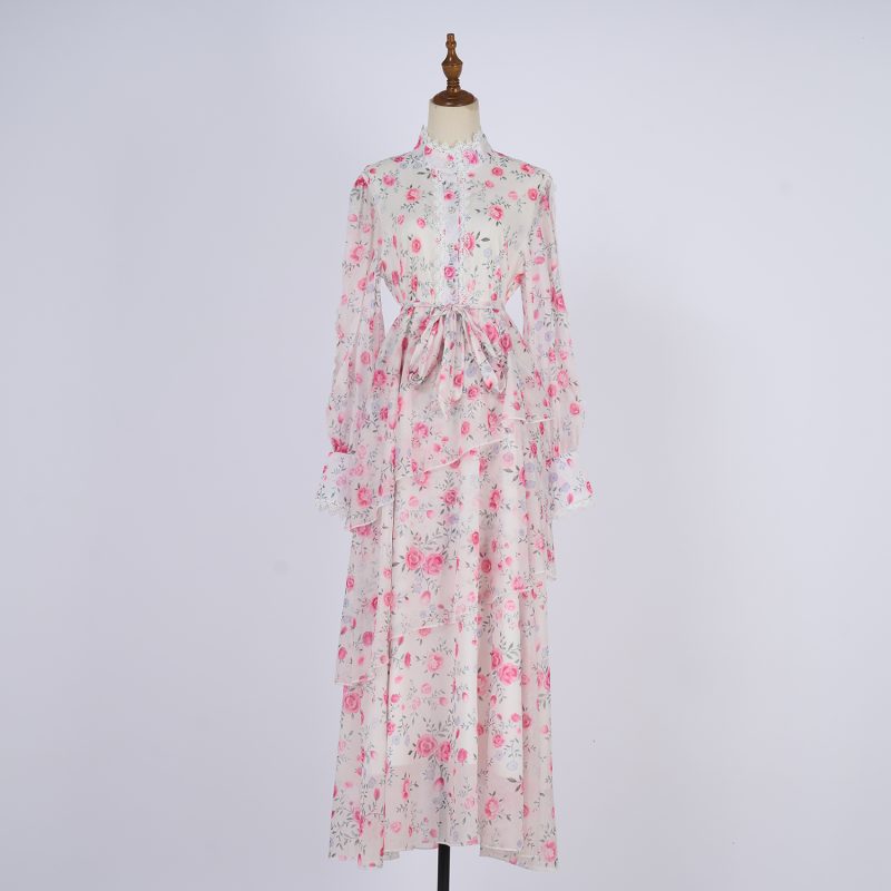 Spring Autumn Button Belt Print Dress Women - Image 2