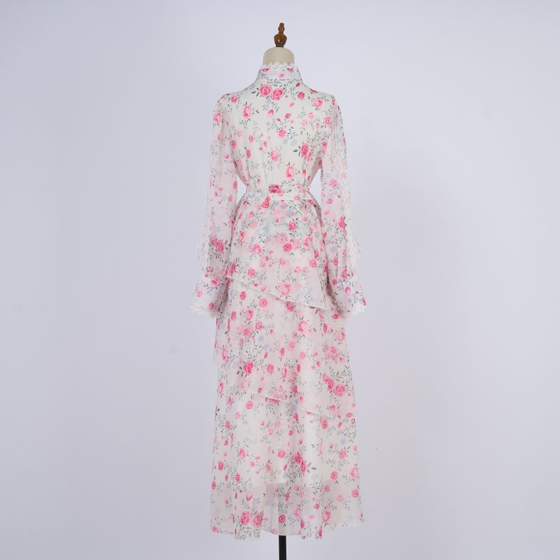 Spring Autumn Button Belt Print Dress Women - Image 3