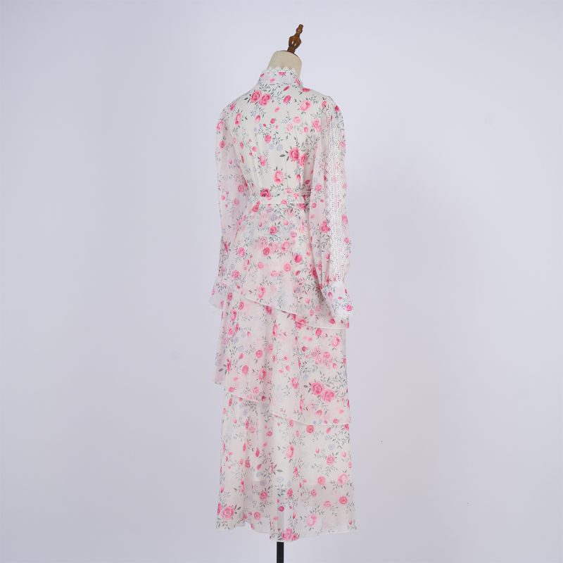 Spring Autumn Button Belt Print Dress Women - Image 4
